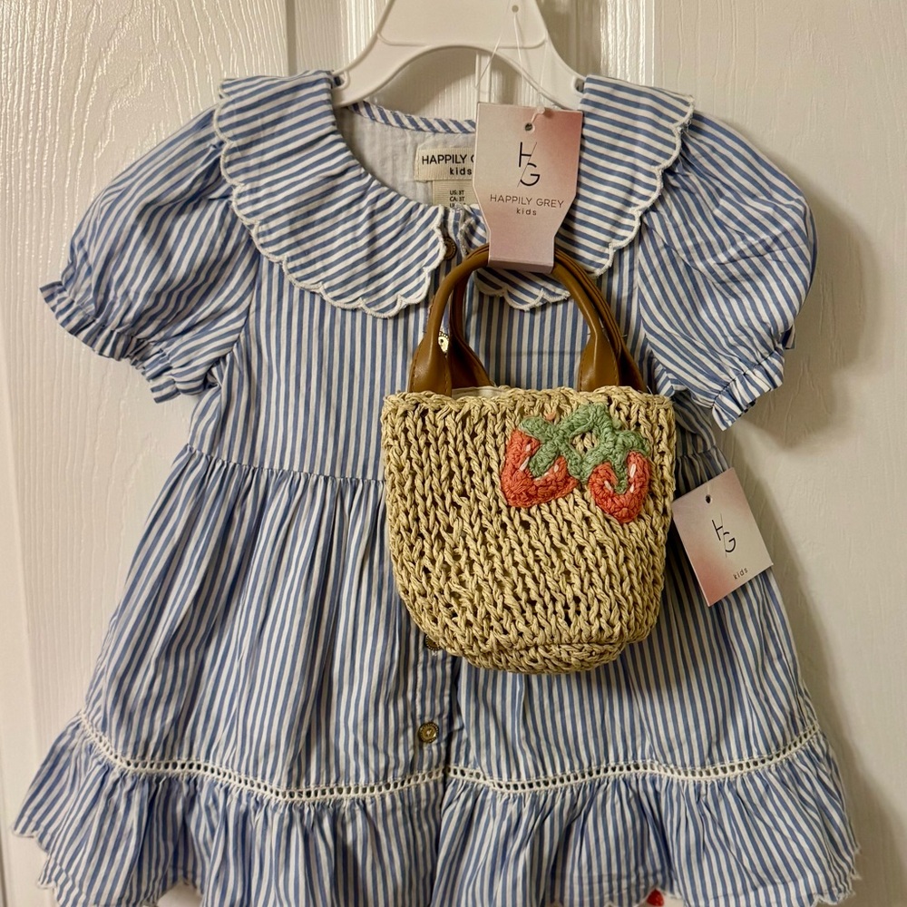 Happily Grey Striped Dress with Straw Bag